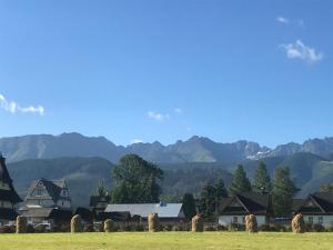 a village with hay bales in a field with mountains at Camping Zakopane Willa Skoczek oferta nie dotyczy noclegu w pokoju in Zakopane