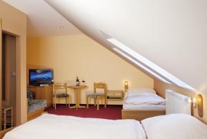 a attic room with two beds and a desk and a tv at Wellness Hotel Marlin in Nová Pec