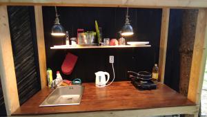 encimera de cocina con fregadero y 2 luces en Karklini glamping en Cēsis