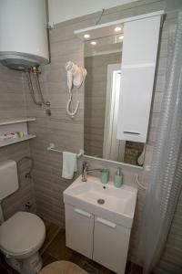 a bathroom with a sink and a toilet and a mirror at Apartman Sarah Mostar in Mostar
