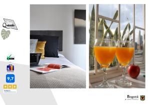 two pictures of two glasses of orange juice next to a bed at Depa Quevedo - Stylishly Revamped Flat - Unique Location in Bogotá's Iconic Colonial square - in Bogotá