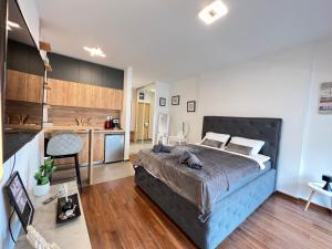 a bedroom with a large bed and a kitchen at White Homes 16 - Master Quart in Podgorica