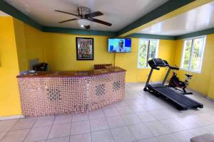 een fitnessruimte met een loopband en een fitnessruimte met gele muren bij Delightful 2 bed room penthouse 