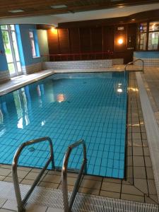 - une grande piscine avec des carreaux bleus dans un bâtiment dans l'établissement Villaggio Turistico Ploner, à Carbonin
