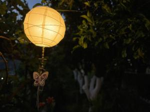 une lanterne éclairée avec un papillon dessus dans l'établissement Ona's House, à Borsh