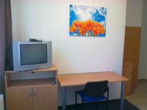 Zimmer mit einem Schreibtisch, einem TV und einem Gemälde an der Wand in der Unterkunft Terrace Room Rental in Bratislava