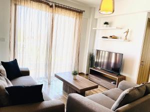 a living room with two couches and a television at BALI SUITES 202 in Larnaca