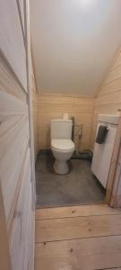 a bathroom with a toilet in a wooden house at Domek drewniany letniskowy całoroczny nad jeziorem in Grądy