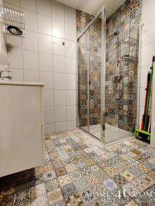 a bathroom with a shower with a glass door at Apartment GRUN WALD Marianske Lazne in Mariánské Lázně