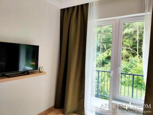 a flat screen tv sitting next to a window at Apartment GRUN WALD Marianske Lazne in Mariánské Lázně