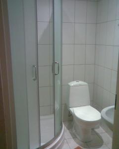 uma casa de banho com um WC e uma cabina de duche em vidro. em Jomas 24 em Jūrmala