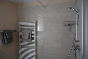 a bathroom with a shower with a glass door at Ferienwohnung Rheinsberg Altstadt in Rheinsberg