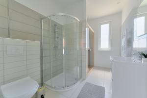 a bathroom with a shower and a toilet and a sink at Villa Oliver Zalakaros in Zalakaros