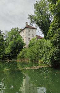 un edificio sul lato di un fiume con alberi di Nad Lahinjo a Gradac