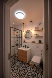 a bathroom with a sink and a toilet at Cozy Little Place in Sighetu Marmaţiei