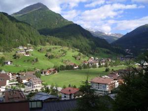 a village in the mountains with a green field at Hotel Bruno in Sölden