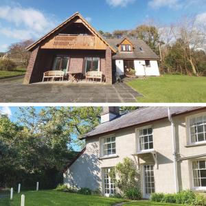 two pictures of a house and a house reconstruction at Plas Dolau Country Estate in Aberystwyth