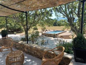a patio with chairs and a table and a pool at Hôtel Le Cottage de Sophie in Valernes