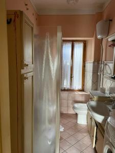 uma casa de banho com um chuveiro, um WC e um lavatório. em VACANZE A SESTOLA em Sestola