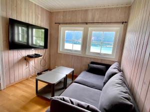 a living room with a couch and a tv at Stryn - Faleide -hytte med fjord og fjell utsikt in Stryn