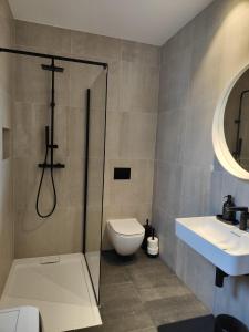 e bagno con doccia, servizi igienici e lavandino. di Apartment by B&D a Primošten