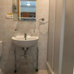 W łazience znajduje się umywalka, lustro i prysznic. w obiekcie Donovaly Apartmán 204 AD Almet w mieście Donovaly
