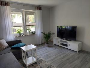 uma sala de estar com um sofá e uma televisão de ecrã plano em Gemütliches, voll ausgestattetes Apartment em Halle an der Saale