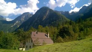 a house on a hill with mountains in the background at Apartment Pretner, Lepena in Soča