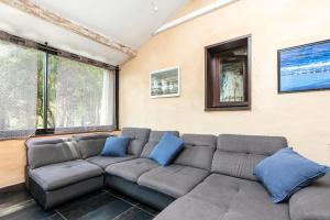 uma sala de estar com um sofá cinzento e almofadas azuis em Martcial Villa T3 Proche Océan em Moliets-et-Maa