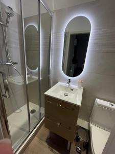 a bathroom with a sink and a shower with a mirror at Appôtel Michelet in Tours