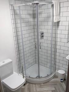 a bathroom with a shower and a toilet at Granary Cottage in Mickleton