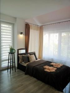 a bedroom with a large bed and windows at Family Apartments Dorobok in Lviv