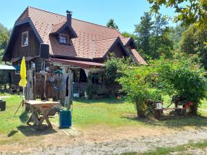 a house with a picnic table in the yard at Rooms Ma La in Karlovac