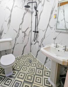 uma casa de banho com um WC e um lavatório em kaoglen Wild-Hot tub-Cairngorms-Pet Friendly em Balnald