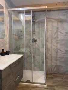 eine Dusche mit Glastür im Bad in der Unterkunft Apartma Stres in Bovec