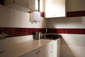 - une cuisine avec un évier et du carrelage rouge et blanc dans l'établissement Čarda Parče Raja, à Belgrade