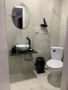 a bathroom with a toilet and a sink and a mirror at Pensiunea Grapini in Şanţ