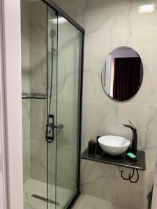 a bathroom with a glass shower and a sink at Pensiunea Grapini in Şanţ