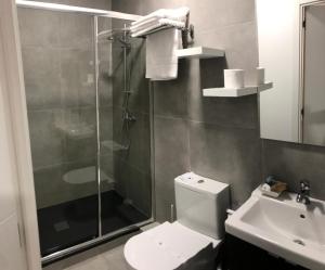 a bathroom with a shower and a toilet and a sink at Nest Flats Santiago VUT in Santiago de Compostela