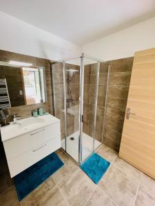 La salle de bains est pourvue d'une douche et d'un lavabo. dans l'établissement Ajaccio T2 grand standing neuf - centre ville et plages - 4 personnes - parking privé, à Ajaccio