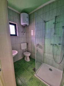 a bathroom with a glass shower and a toilet at Apartments Luza in Lastovo