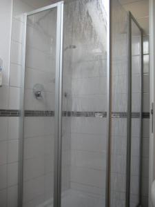 a shower with a glass door in a bathroom at Haus Beate Groß in Kröv