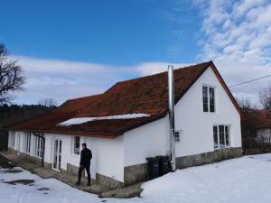 a man standing in front of a white house at Casa Roma Lac in Brebu Nou +15 photos