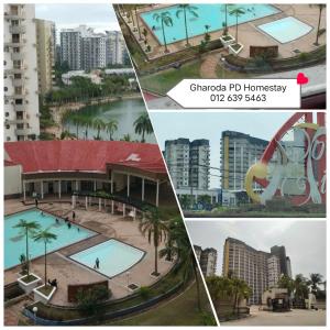 eine Collage mit Fotos eines Resorts mit Pool in der Unterkunft Gharoda PD Homestay BView in Port Dickson