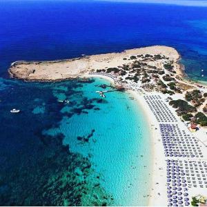 una vista aerea di una spiaggia e dell'oceano di Dome Beach Marina Hotel & Resort a Ayia Napa