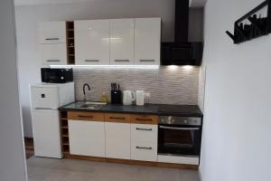 a kitchen with white cabinets and a sink at Lively Debrecen in Debrecen