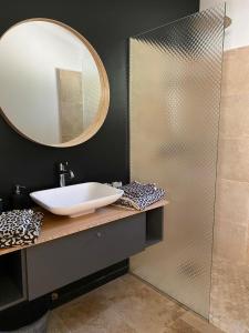 uma casa de banho com um lavatório e um espelho em Maison dans la pinède em Rognes
