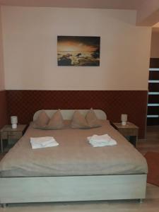- une chambre avec un grand lit et 2 tables dans l'établissement Vila Adriano, à Turda