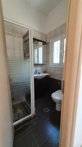łazienka z prysznicem, toaletą i umywalką w obiekcie Villa Dunes 350m from the sandy beach w mieście Kalogria +37 zdjęć