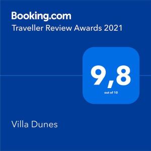 a screenshot of a cell phone with a travel review avatar at Villa Dunes 350m from the sandy beach in Kalogria